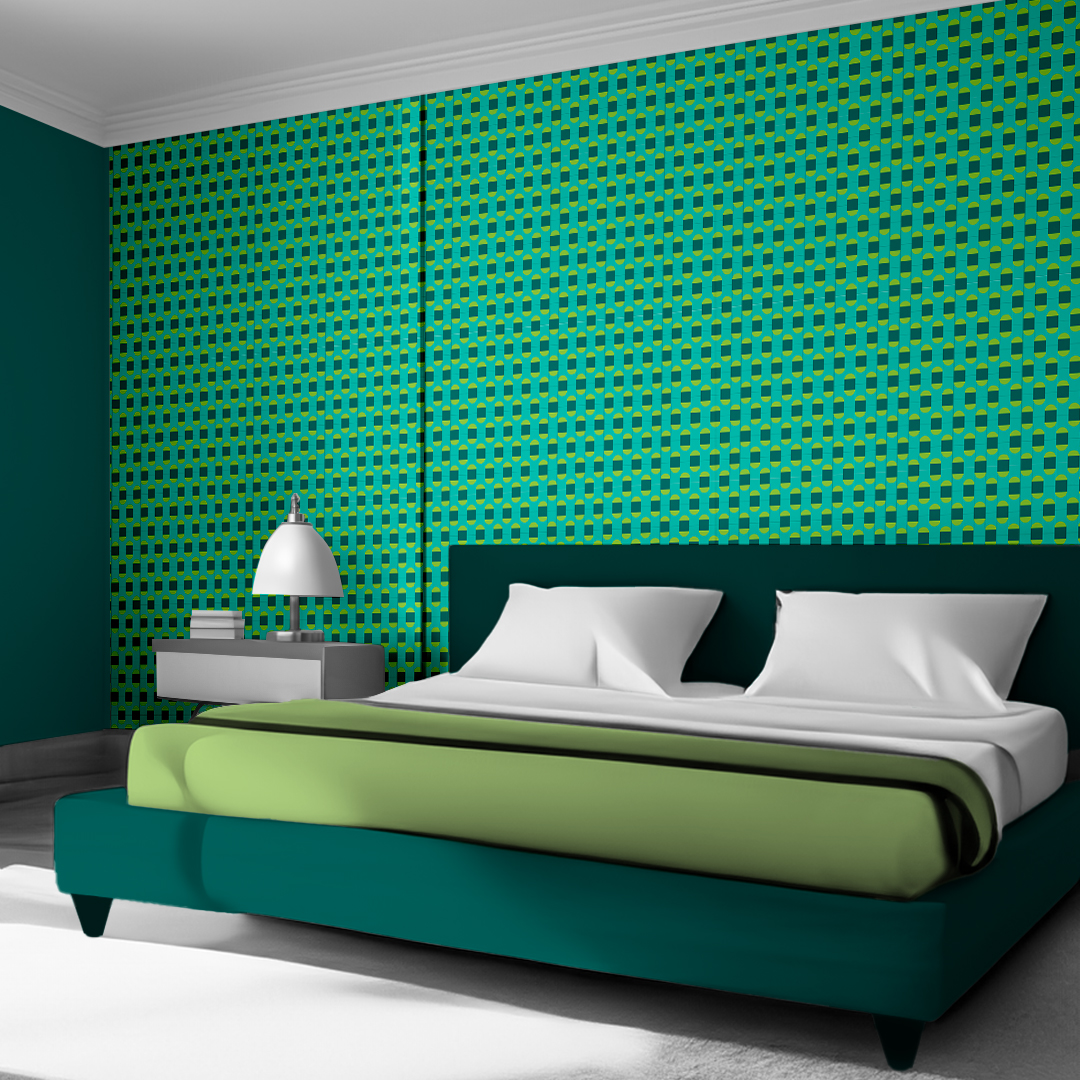 The artwork consists of a red square background with a repeating pattern of starburst shapes created by intersecting elongated lines. These lines are light-colored, contrasting sharply against the red background. The lines form multiple four-pointed stars with varying lengths and thicknesses, radiating outward in a geometric arrangement. The composition presents a clean, mid-century modern aesthetic, emphasizing simplicity and bold contrasts.